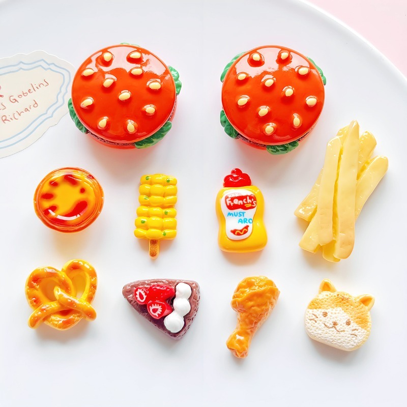 Resin Art Beach Theme - 漫画 3D バーガーフライドポテト樹脂 DIY アクセサリー模擬食品テーマ靴チャーム男の子女の子夏のビーチサンダル装飾ギフト