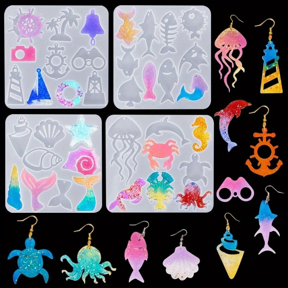 Silicone Mold Ocean - 海をテーマにしたイヤリングとペンダントの型セットには、魚の尾、灯台の舵、海洋動物、海の魚の4つのスタイルが含まれています。 手作りのレジンジュエリーは、航海をテーマにしたジュエリー、夏のアクセサリー工芸品、そして水槽の装飾に適しています。