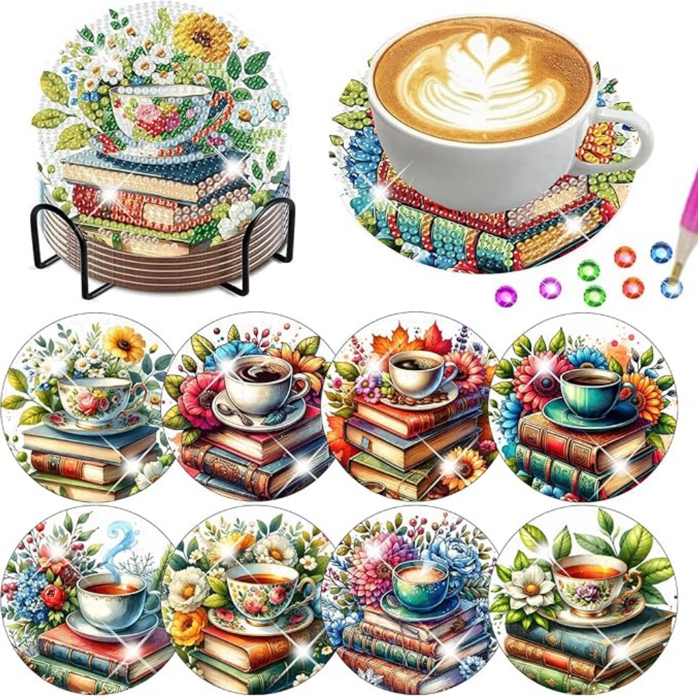 Resin Art Coasters - 8個入り/DIYダイヤモンドアートペインティングコースター（スタンド付き）、ブックパターンダイヤモンドアートカップパッド、大人と初心者向けのダイヤモンドペイント