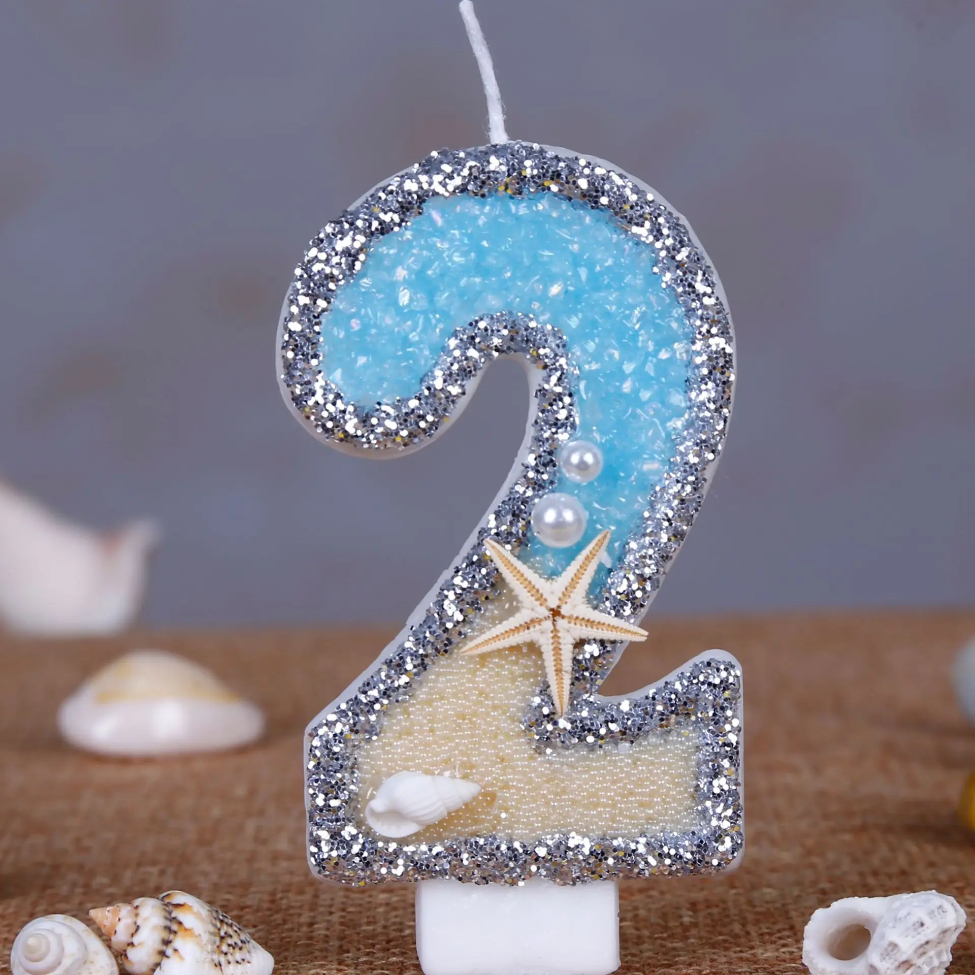 Resin Art Beach Theme - 0-9 番号グリッターキャンドルサマービーチヒトデ誕生日ケーキデコレーションキャンドルオーシャンテーマパーティーケーキデコレーション