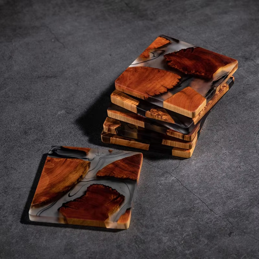 Resin Art Coasters - 木製樹脂コースターカップクッション,四角い滑り止めマット,和風テーブル,抵抗力のあるコーヒードリンクマット,ティースクエアパッド