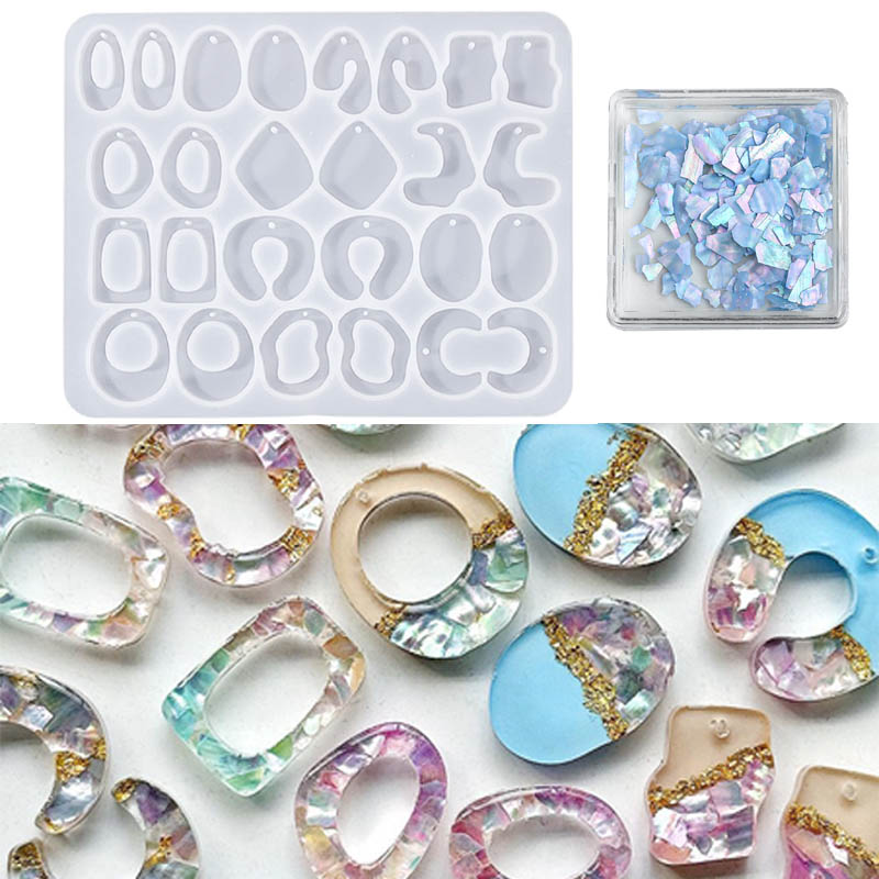 Resin Art Beach Theme - 夏休み用抽象的なダングルイヤリングシリコンモールド、アバロンシェルフレーク入り、エポキシ樹脂DIYビーチジュエリー作成用ブリンブリン装飾付き