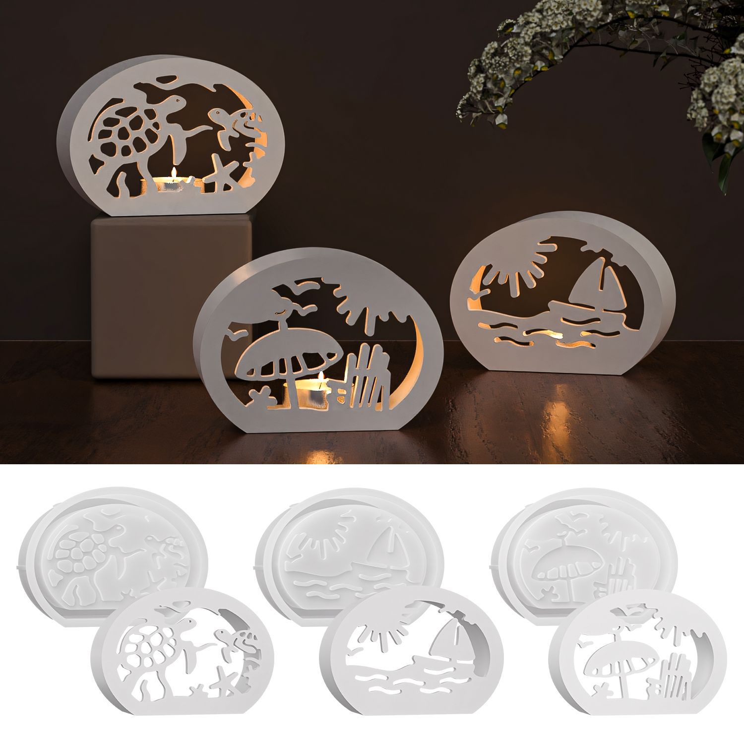 Silicone Mold Ocean - DIY楕円形オーシャンホローキャンドルホルダーシリコンモールド樹脂石膏キャンドルベースデコレーションホームオーナメントシリコンモールド