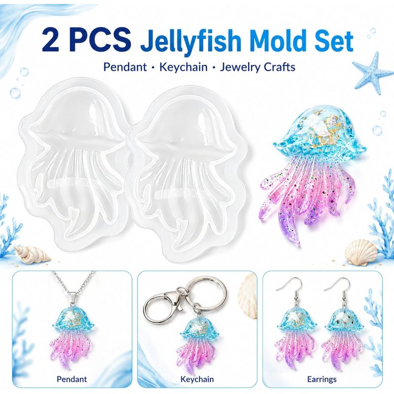 Silicone Mold Ocean - クラゲ樹脂型2セット、海洋シリコンペンダント型、エポキシ樹脂キーホルダー、ペンダント、ジュエリー、DIY手作り、半完成品に最適、エポキシ樹脂キーホルダー、ペンダント、ジュエリー、DIY手作り、半完成品に最適