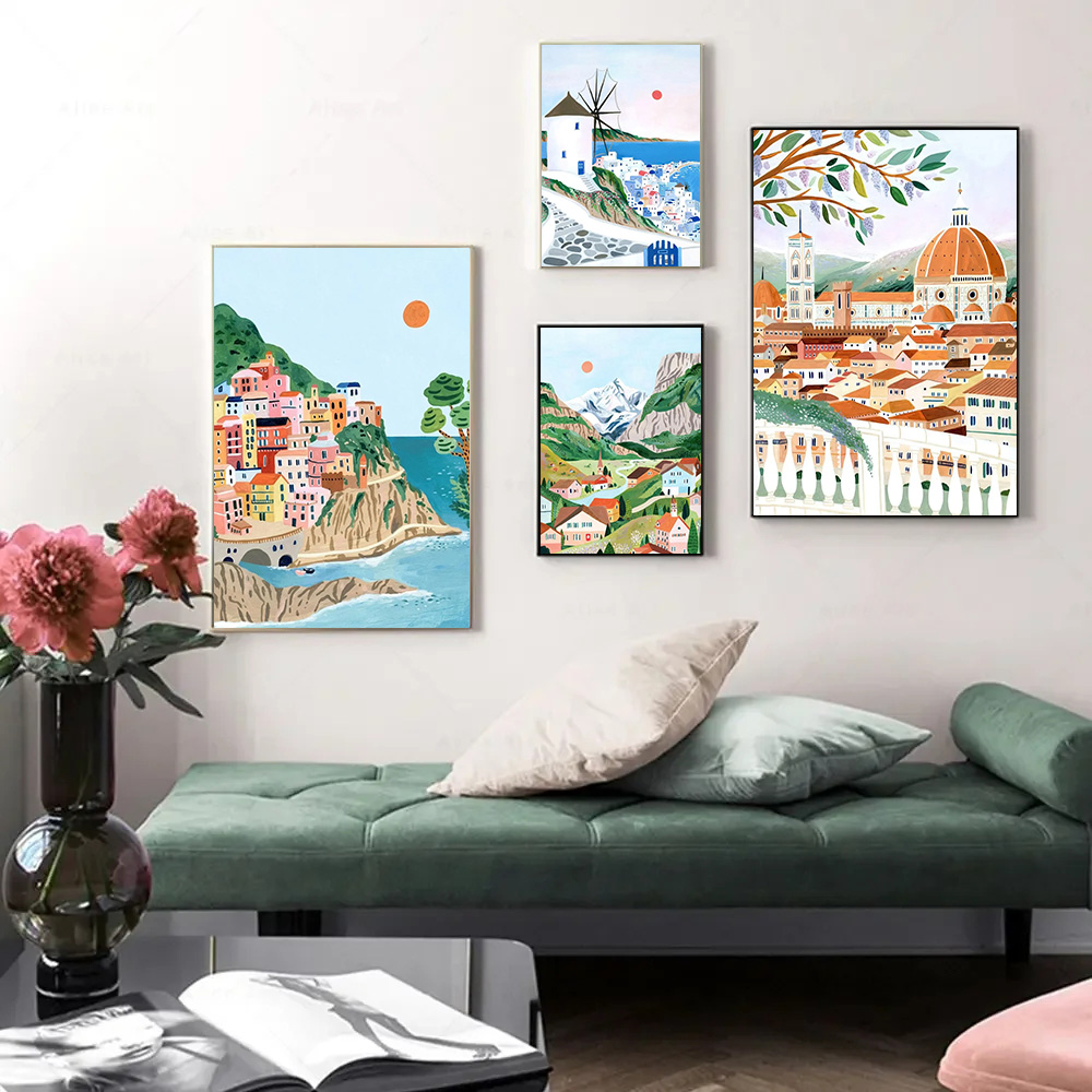 Resin Art World - 世界旅行都市ポスター風景ギリシャイタリアフィレンツェパリフランスダイヤモンドプリント絵画壁アートリビングルーム家の装飾