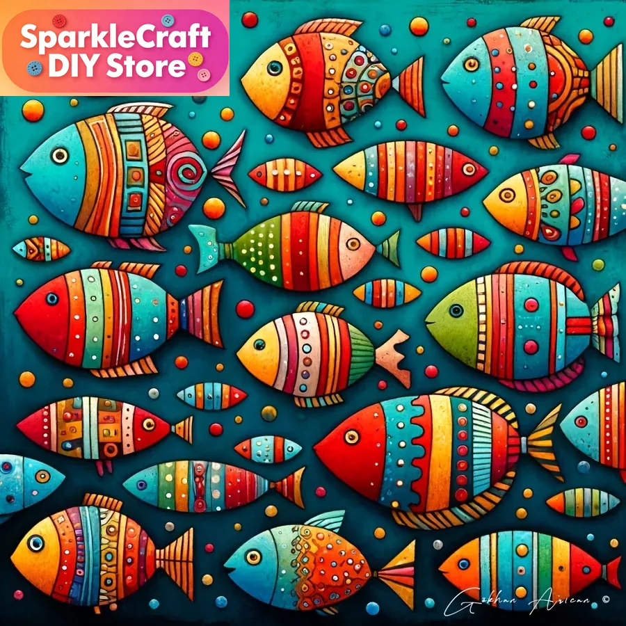 Resin Art For Beginners - カラフルで幻想的な魚の群れ5Dダイヤモンドペインティングキット、フォークアート、ティールカラーの壁飾り、自宅やオフィス用