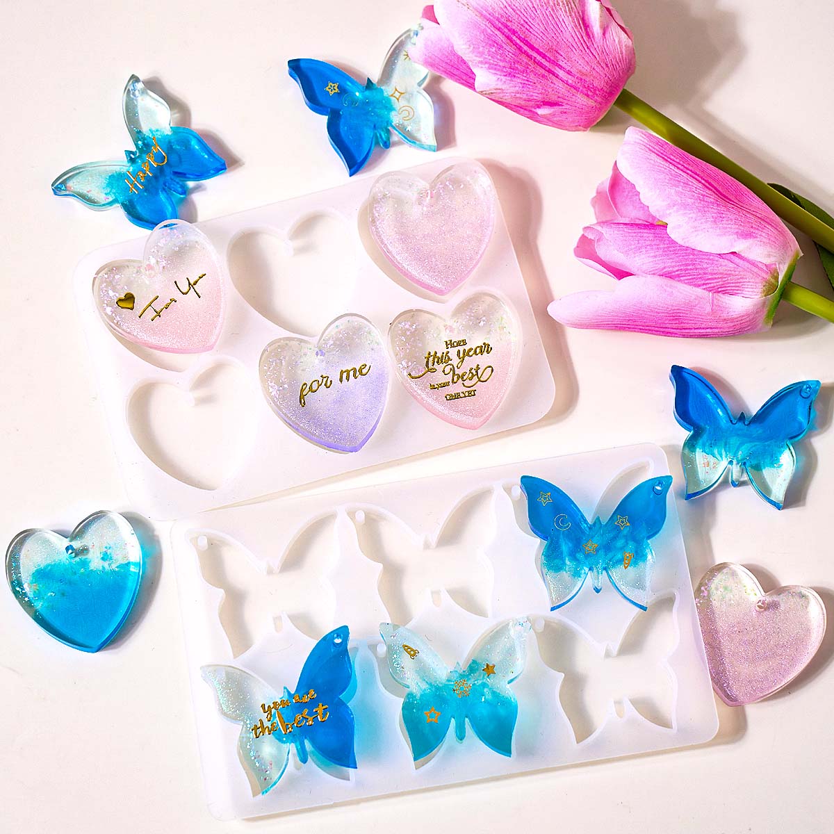 6穴付きイヤリングシリコンモールドDIYハート蝶形エポキシ樹 - Resin Art Kit With Molds のレビューと価格