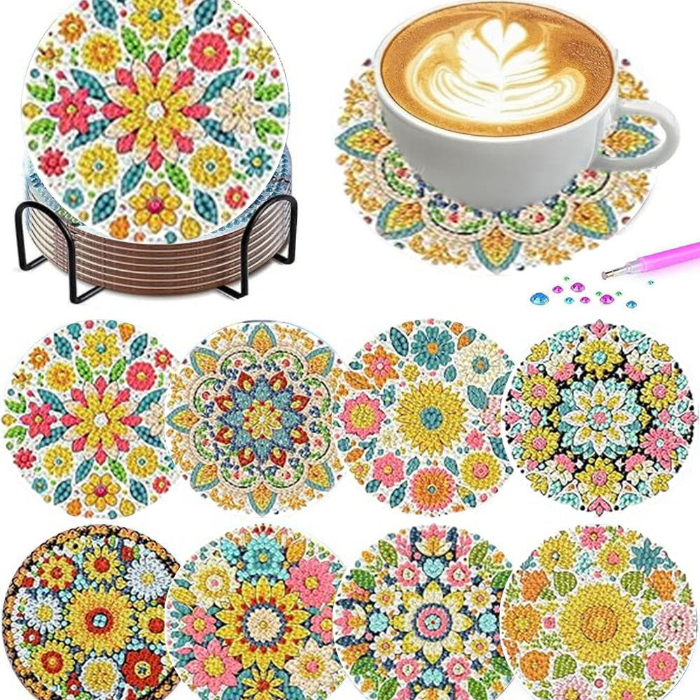 8点セット/ダイヤモンドペインティングコースターセット、花輪 - Resin Art Coasters のレビューと価格